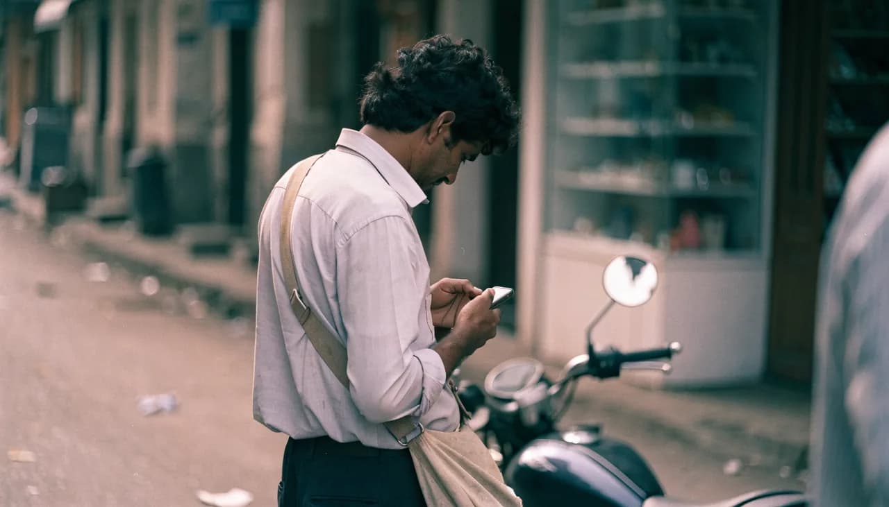 A field sales representative standing beside his parked motorcycle on a shop-lined street, checking his phone.