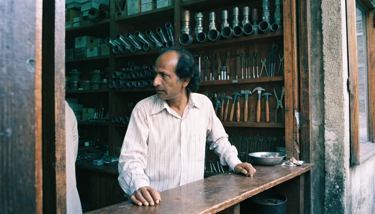 A shopkeeper at the wooden counter of a hardware shop, shelves of pipe fittings and hand tools behind him.